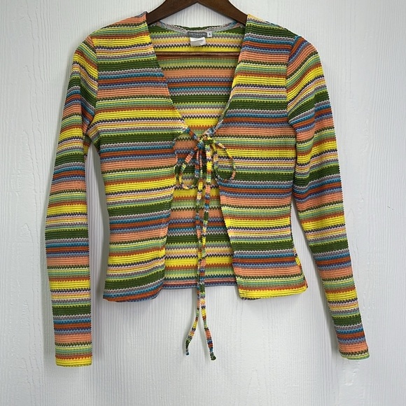 Earthbound - Rainbow Stripes Tie Open Front Long Sleeve Cardigan Size Small - Picture 6 of 9